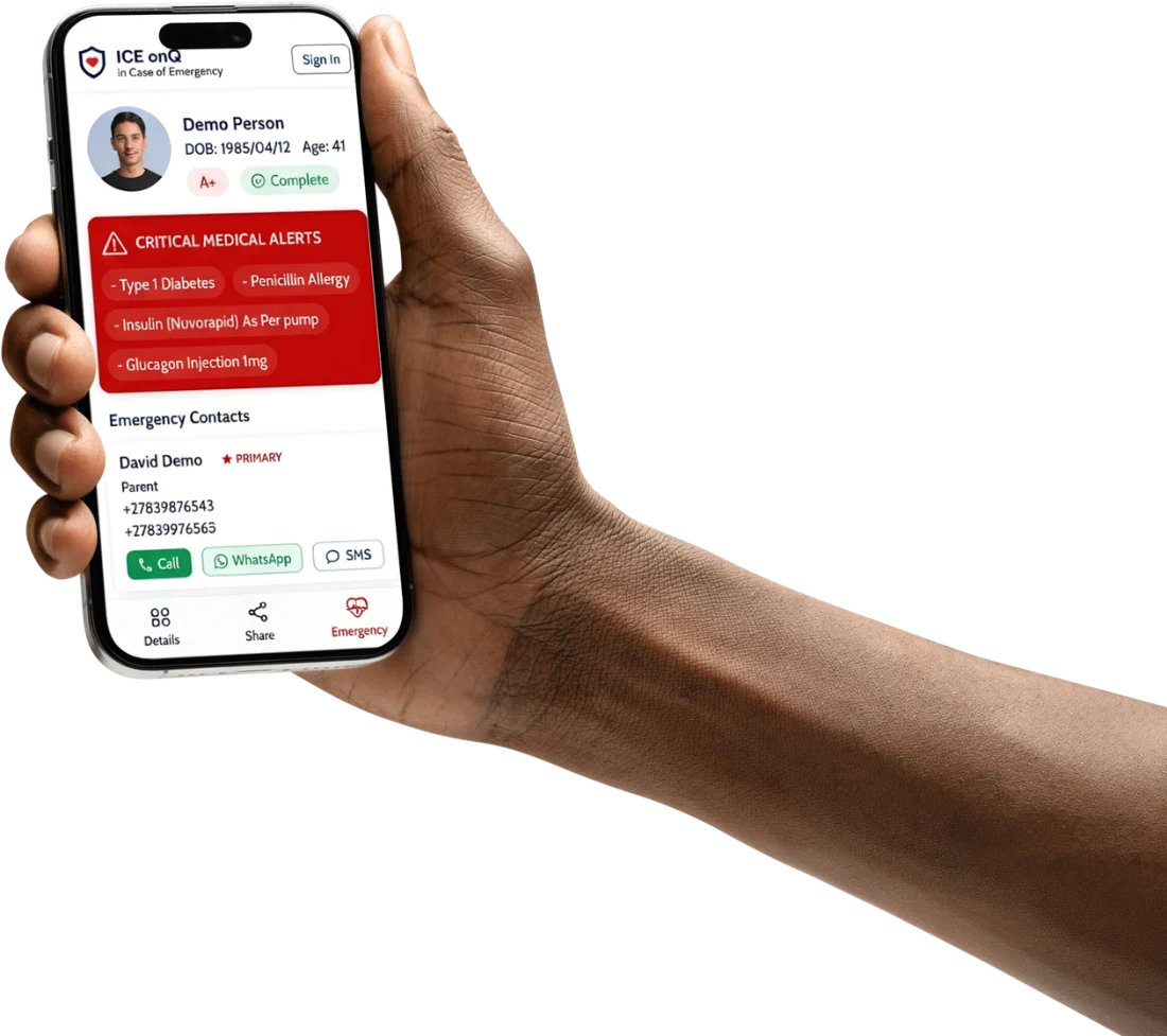 A hand holding a phone showing an ICE onQ emergency profile: critical medical alerts and emergency contacts.